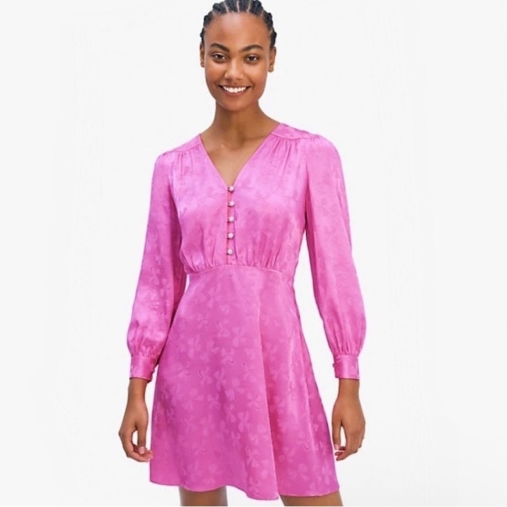 Kate Spade Jewel Button Jacquard A Line Pink Bow Long Sleeve Dress Size 8